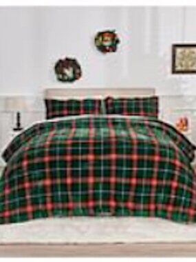 Warm & Cozy Plush Sherpa Reversible 3piece Comforter Set Green Plaid Size Full